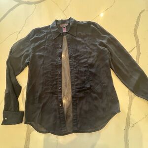 90’s - Vintage Ralph Lauren - Black Rayon Pintuck Button-Up Blouse - Size M